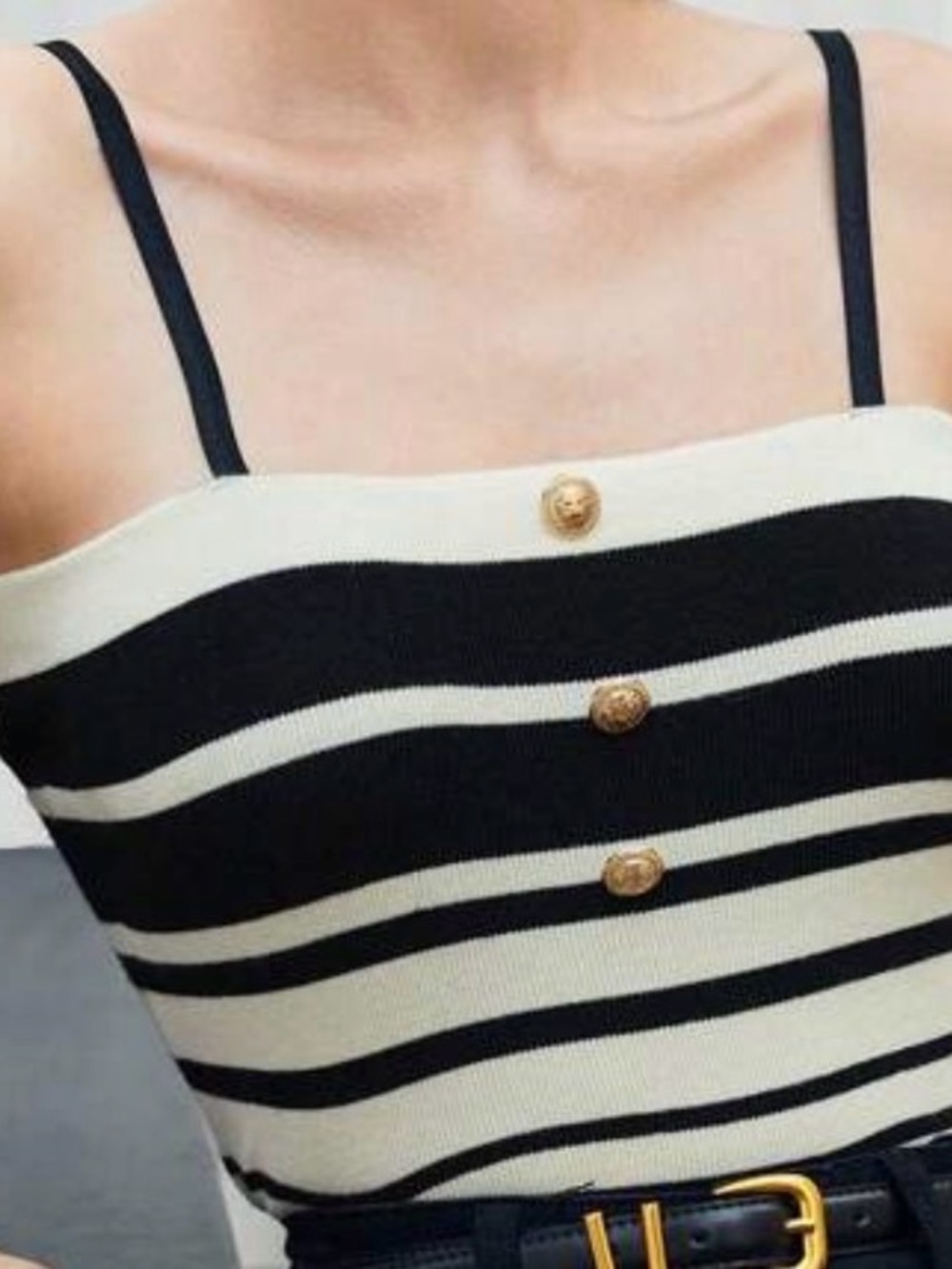 MOTF Black & Cream Striped Knit Cami with Gold Buttons